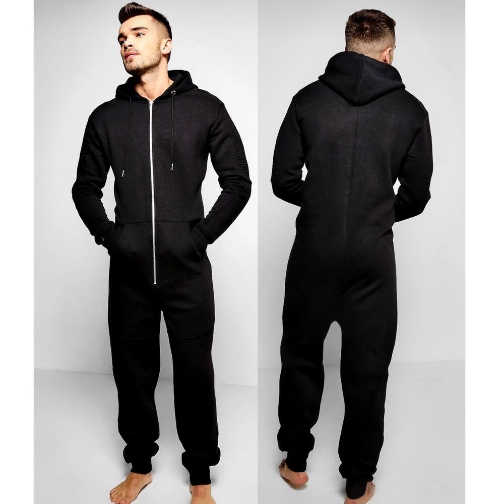 Boohoo Man Biker Detail Full Zip Hooded Onesie Sweatsuit in Black Size Large